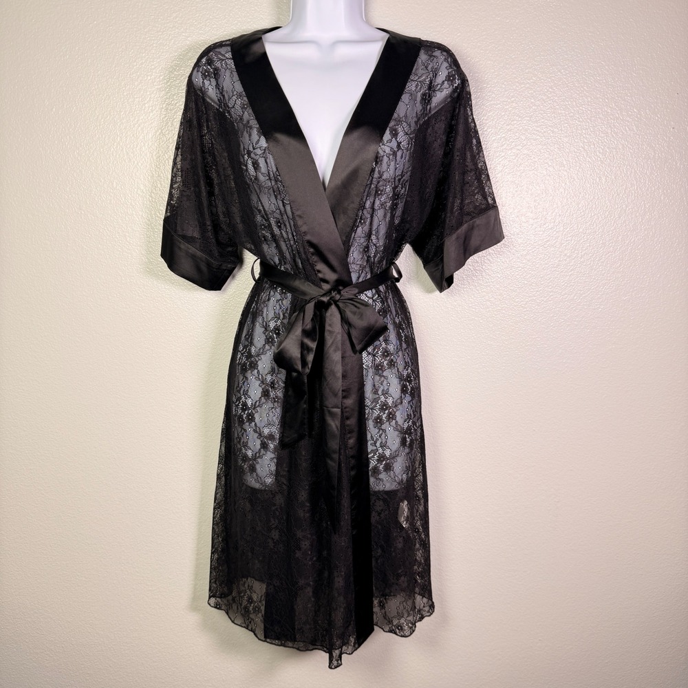 Soma Black Floral Lace Robe Satin Trim Sheer Belted Wrap Kimono Lingerie Medium